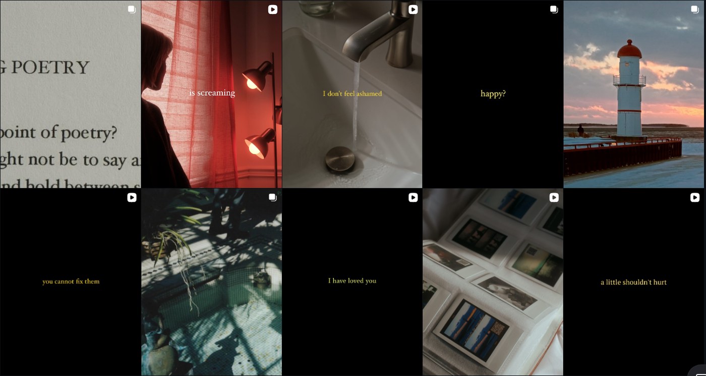 Bri Anora's Instagram grid with recent poems and video excerpts
